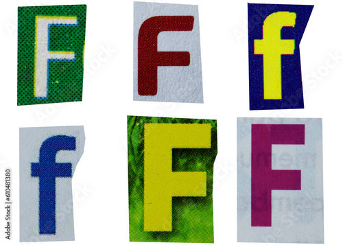 Letter f magazine cut out font, ransom letter, isolated collage elements for text alphabet, ransom note
