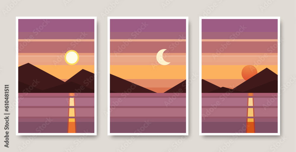 Abstract landscape background with sky, sea, mountain, sun, moon. Modern wall art with sunset, sunrise scene for interior decoration, vector illustration.