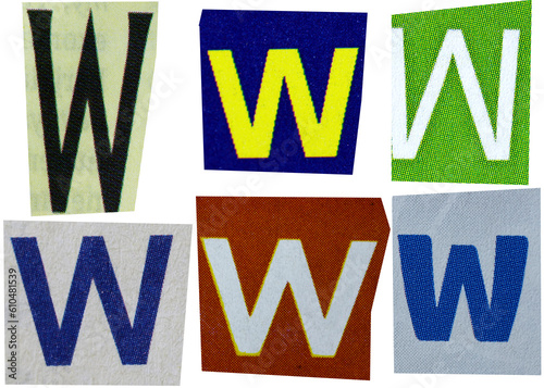Letter w magazine cut out font, ransom letter, isolated collage elements for text alphabet, ransom note