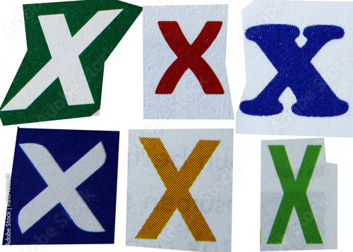 Letter x magazine cut out font, ransom letter, isolated collage elements for text alphabet, ransom note