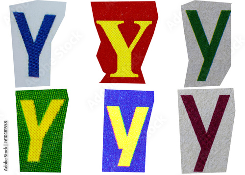 Letter y magazine cut out font, ransom letter, isolated collage elements for text alphabet, ransom note