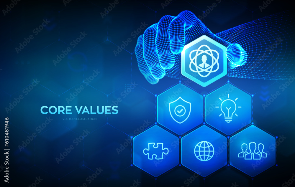 Core Values infographic. Responsibility Ethics Goals Company business concept on virtual screen. Wireframe hand places an element into a composition visualizing Core values. Vector illustration.