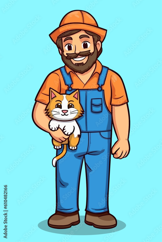 Vector Illustration, A Farmer Holding a Cat, Full Body Vector Illustration, A Farmer Holding a Cat, Full Body