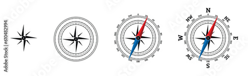Compass red-blue-black icon set. Cardinal compass symbol : North, South, East, West. Isolated realistic design vector illustration on white background.