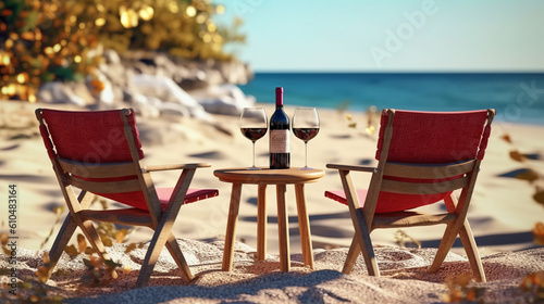beautiful wine shop table chairs on beach.Generative Ai