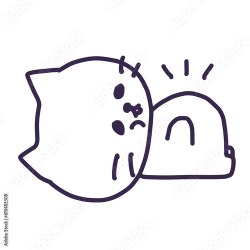 お腹いっぱいになって横になっているかわいい白い色の子猫のイラスト