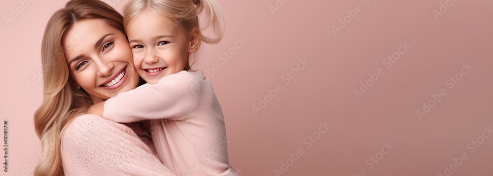 Portrait of a mother and child on pink background. Mom and baby embrace. Mother's Day. Loving parent. Portrait of a mother and child on pink background. Mom and baby embrace. Mother's Day. Loving parent.