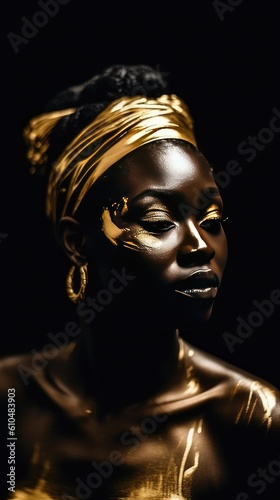 Beautiful African woman with gold makeup. Stunning model woman black and gold. Metallic makeup. 