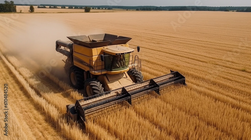 maquina agricola fazendo colheita em lavoura de grãos 