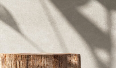 Natural log wood podium table in sunlight, tropical banana tree shadow on beige concrete wall for organic cosmetic, skincare, beauty treatment product display background 3D
