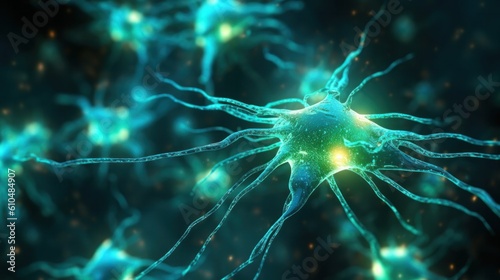 Conceptual illustration of neuron cells with glowing link knots. Blue green Neurons in brain on with focus effect. Synapse and Neuron cells sending electrical chemical signals. Generative AI.