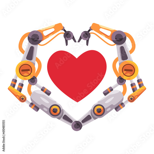 Love heart shape symbol of emotion with robotic machine articulated robot hand futuristic high tech