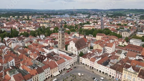 Medieva Tower at the historic market town square Lovely aerial top view flight 
Budweis Budejovice old town in Czech Republic, summer of 2023. panorama overview drone
4K uhd footage. photo