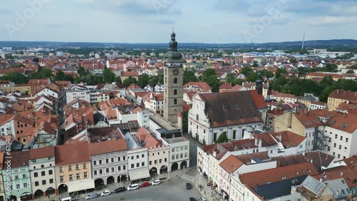 Wallpaper Mural medieval Tower at the historic market square. Spectacular aerial top view flight 
Budweis Budejovice old town in Czech Republic, summer of 2023. panorama orbit drone
4K uhd footage. Torontodigital.ca