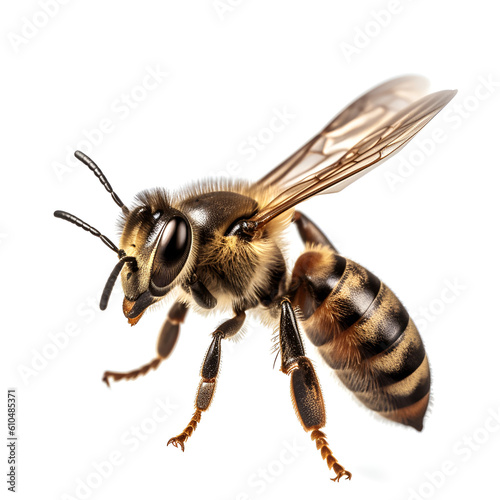 a stunning bee is flying, isolated on transparent background, macro, incredible pollinator, generative AI © Sweet_Harmony💙💛