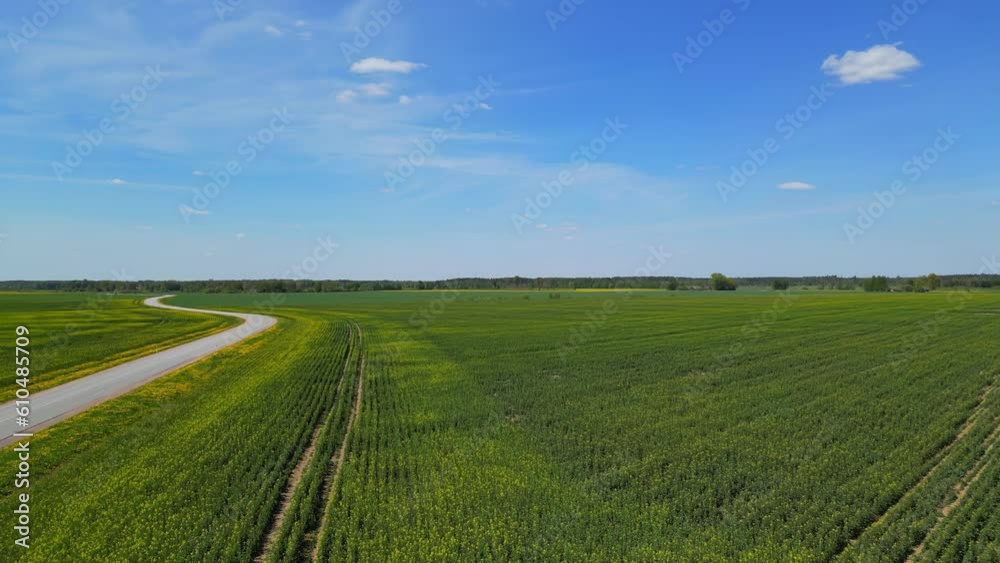 Vast Landscape Of A Farmland Near Paved Road In Countryside. Aerial Drone Shot Vast Landscape Of A Farmland Near Paved Road In Countryside. Aerial Drone Shot