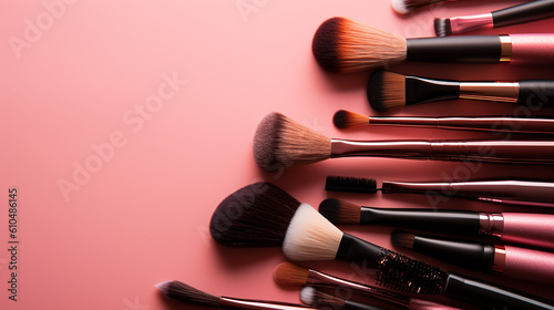 pincéis de maquiagem em um fundo rosa photo