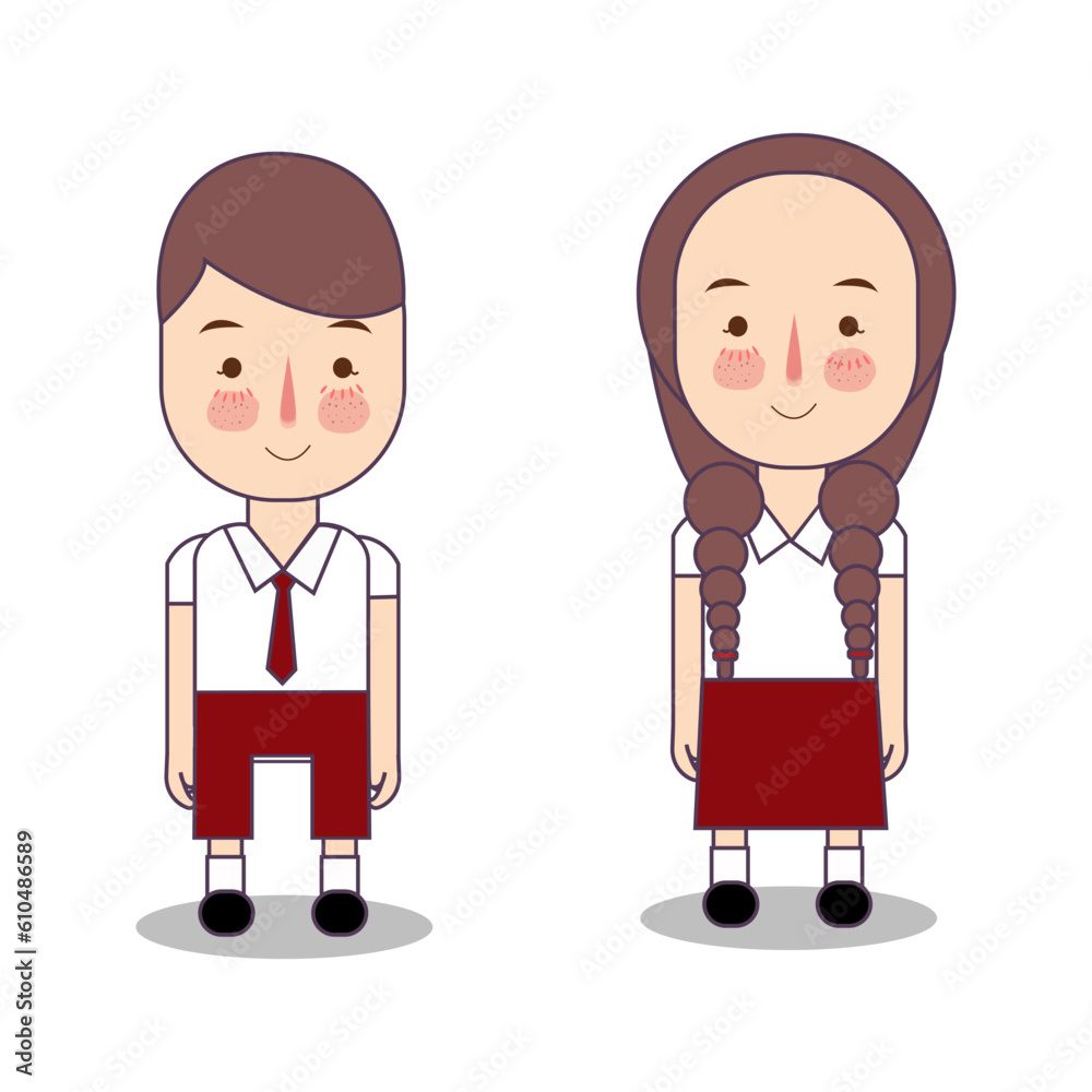 boy and girl cute character elementary school red white indonesian uniform education student study learning boy and girl cute character elementary school red white indonesian uniform education student study learning