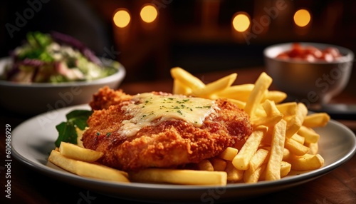 chicken schnitzel Parmigiana with melted cheese served with chips and salad on a white plate, Generative AI