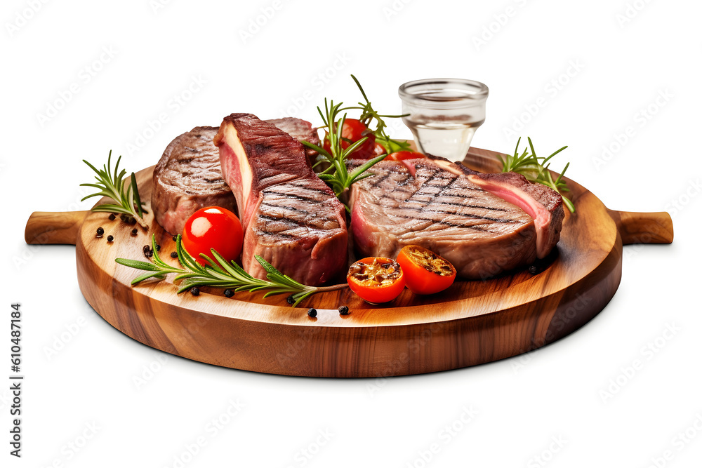 Juicy Tomahawk steak with sides on a brown plate isolated on white background. Created with generative AI technology. Juicy Tomahawk steak with sides on a brown plate isolated on white background. Created with generative AI technology.