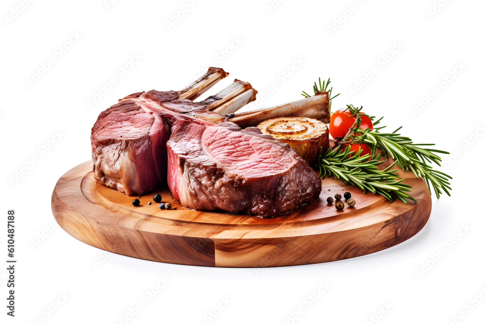 Juicy Tomahawk steak with sides on a brown plate isolated on white background. Created with generative AI technology. Juicy Tomahawk steak with sides on a brown plate isolated on white background. Created with generative AI technology.