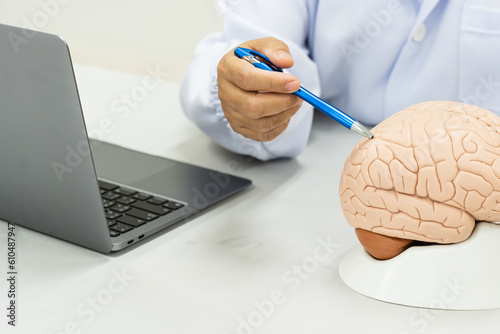 Neurologist hand pointing brain anatomy human model and brain disease lesion on white background.Part of human body model with organ system for health student study in university.Medical education.