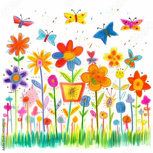 Drawing Flower Garden with Butterflies 