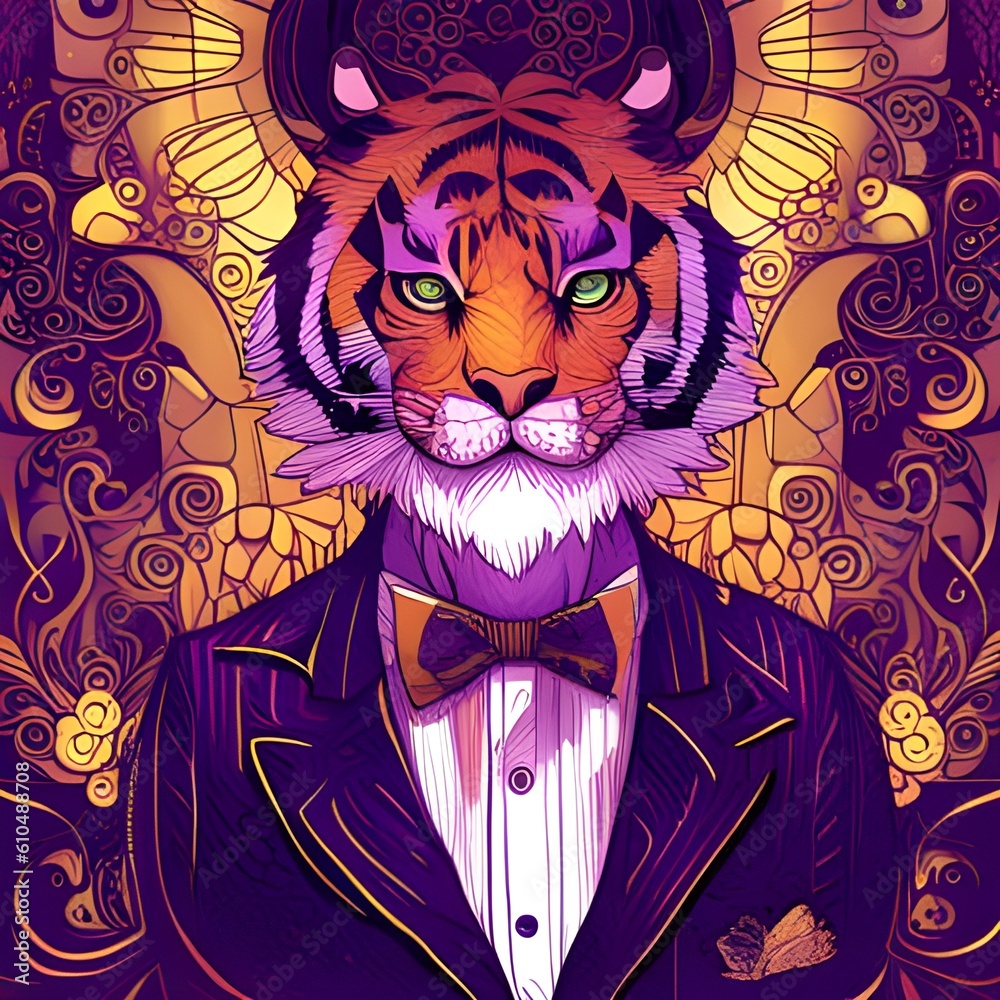 Tiger in Purple Suit and Bow Tie - Created with Generative AI