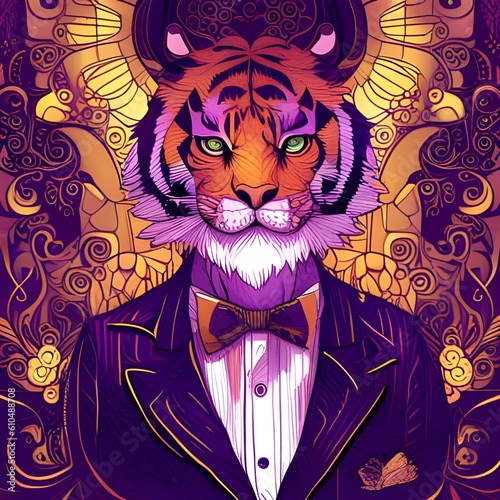 Tiger in Purple Suit and Bow Tie - Created with Generative AI