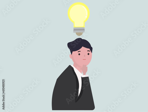 電球を浮かべてアイデアを考えるビジネスマン。ベクターイラスト