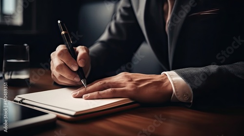 close up of young man writing in notebook while working at office