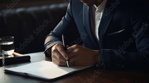 close up of young man writing in notebook while working at office