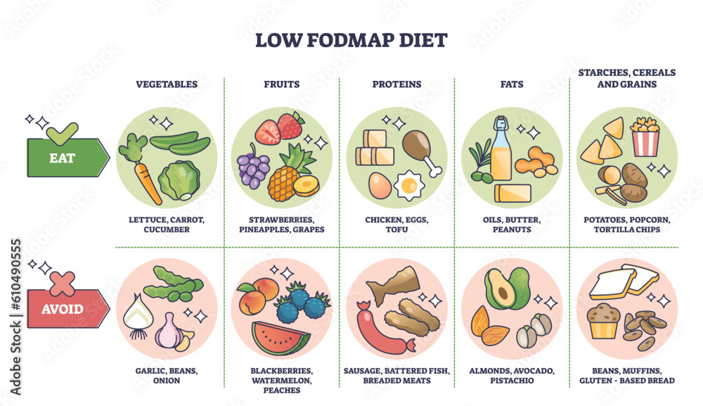 Low FODMAP diet and food with healthy carbohydrates list outline diagram. Labeled educational scheme with groceries for easy digestive processing vector illustration. Avoid and include these items. - obrazy, fototapety, plakaty 
