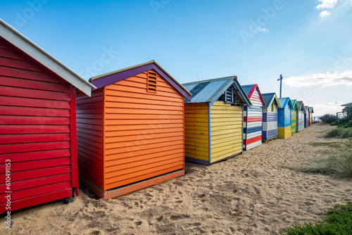 Rear view of the Bathing boxes at Brighton beach an iconic landmark place of Melbourne, Victoria state of Australia. © boyloso