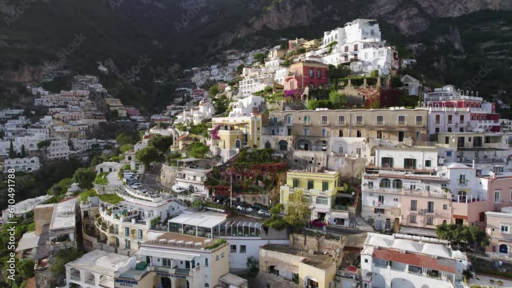 Parallax effect with buildings in foreground in the Positano Amalfi coast, Italy. Aerial. Parallax effect with buildings in foreground in the Positano Amalfi coast, Italy. Aerial.