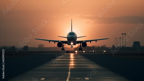 airplane landing on airport runway, illustration, Generative AI