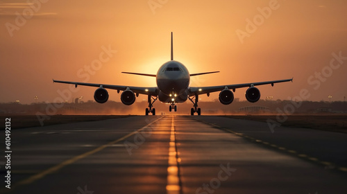 airplane landing on airport runway, illustration, Generative AI