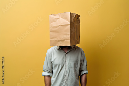 Man with paper bag on his head. Generative AI photo
