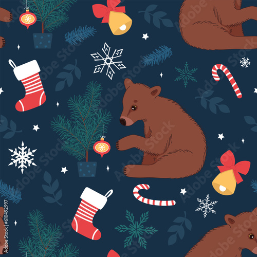 A seamless pattern with a brown bear near a Christmas tree. Winter vector modern illustration with snowflakes for fabric, wrapping paper, and wallpaper.