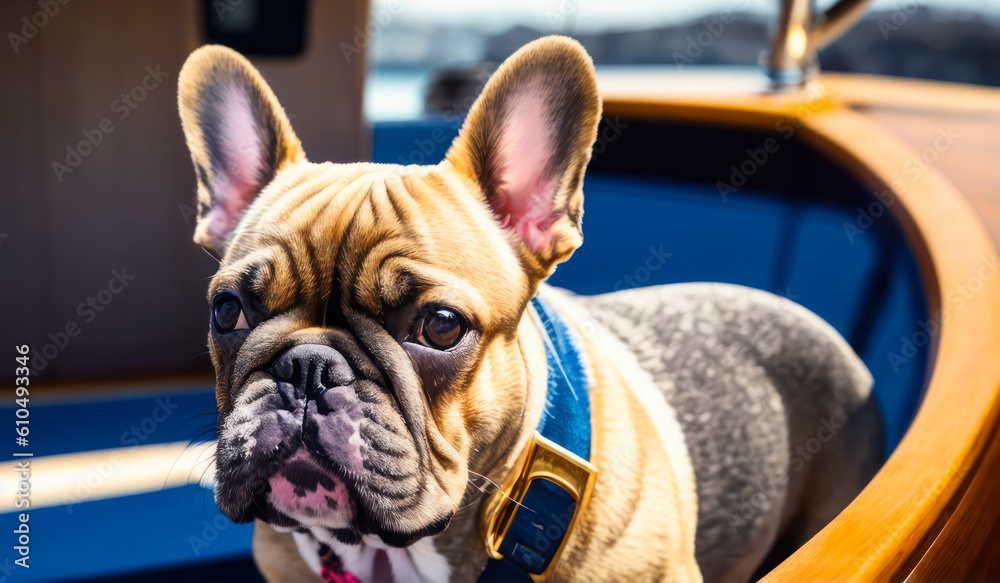 Digital photo of a cute French bulldog  lies on the deck of a luxury yacht on a sunny day. Wildlife imagery, the concept of ecological environment. Generative AI