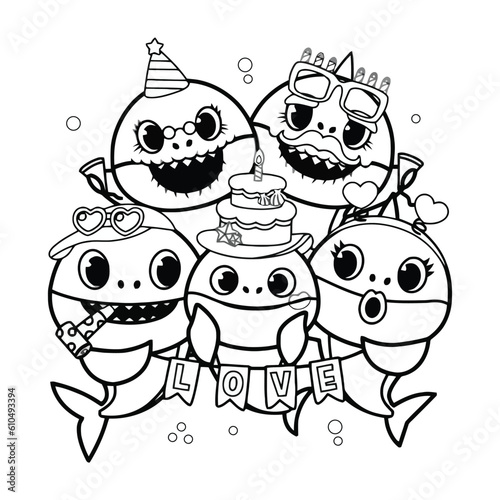 Baby Shark Coloring Page,  Easy Shark Vector Illustration for Kids With Mommy, Daddy, Grandpa, and More.