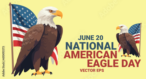 Eagle full body with american wave flag and bold text isolated on soft yellow. to celebrate national American eagle day on june 20. Vector eps