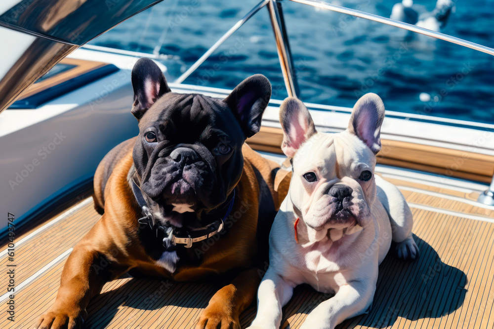 Digital photo of a cute French bulldog  lies on the deck of a luxury yacht on a sunny day. Wildlife imagery, the concept of ecological environment. Generative AI