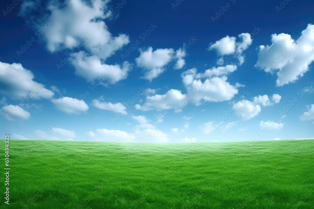 serene grassy field under a clear blue sky with fluffy clouds Generative AI