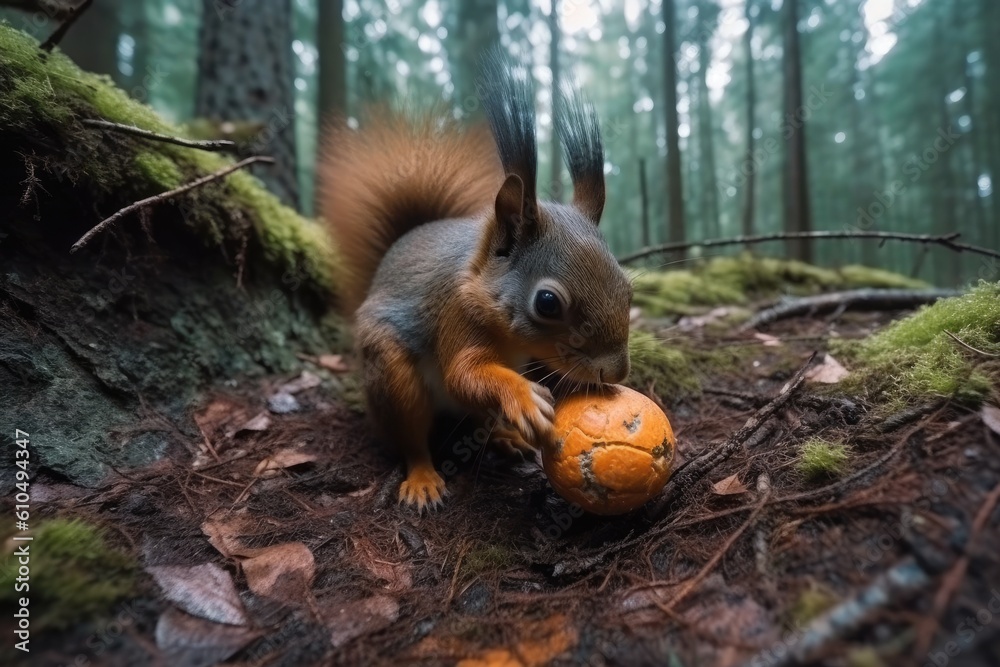 playful squirrel enjoying a ball in a natural setting Generative AI playful squirrel enjoying a ball in a natural setting Generative AI