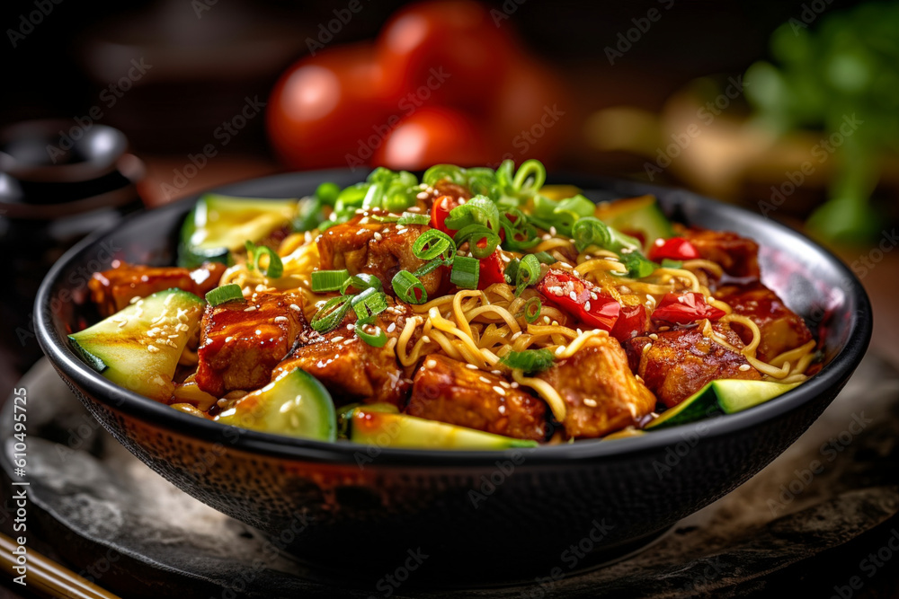 Tofu Noodles With cucumbers and chili crisp served in a bowl. (Generative AI) Tofu Noodles With cucumbers and chili crisp served in a bowl. (Generative AI)
