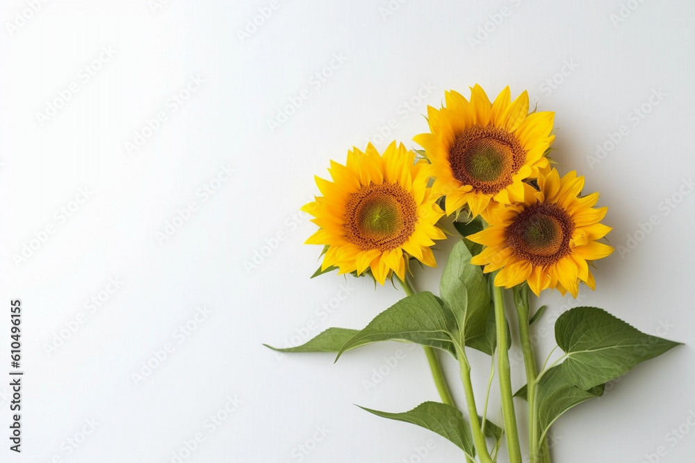 Obraz premium three sunflowers on a white surface, in the style of minimalist backgrounds