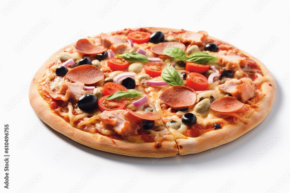  a pizza with olives, mozzarella and pepperoni on top of a white table, in the style of photo-realistic landscapes