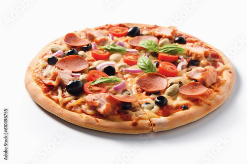  a pizza with olives, mozzarella and pepperoni on top of a white table, in the style of photo-realistic landscapes photo