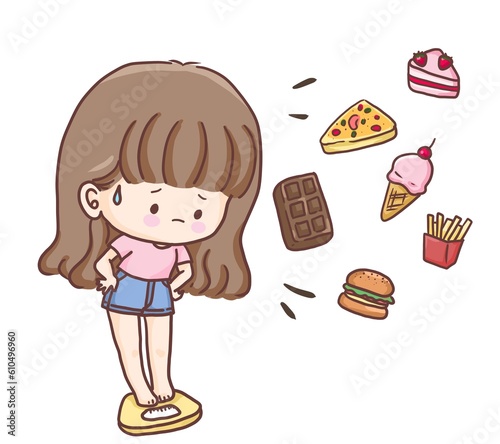 Illustration of a young girl worried about weight on the scale caused by eating food that causes weight gain, conveying the return to health, losing weight, the cause of weight gain.